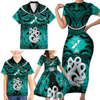 Personalised Maori Matariki Manaia Turquoise Family Matching Short Sleeve Bodycon Dress and Hawaiian Shirt Maori Kowhaiwhai Pattern Galaxy