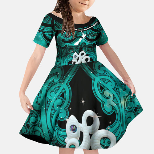Personalised Maori Matariki Manaia Turquoise Family Matching Summer Maxi Dress and Hawaiian Shirt Maori Kowhaiwhai Pattern Galaxy