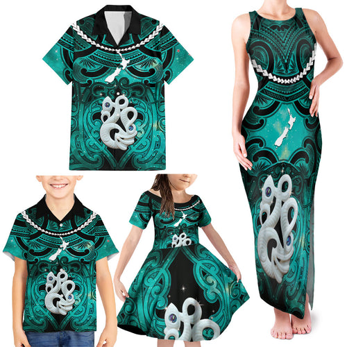 Personalised Maori Matariki Manaia Turquoise Family Matching Tank Maxi Dress and Hawaiian Shirt Maori Kowhaiwhai Pattern Galaxy