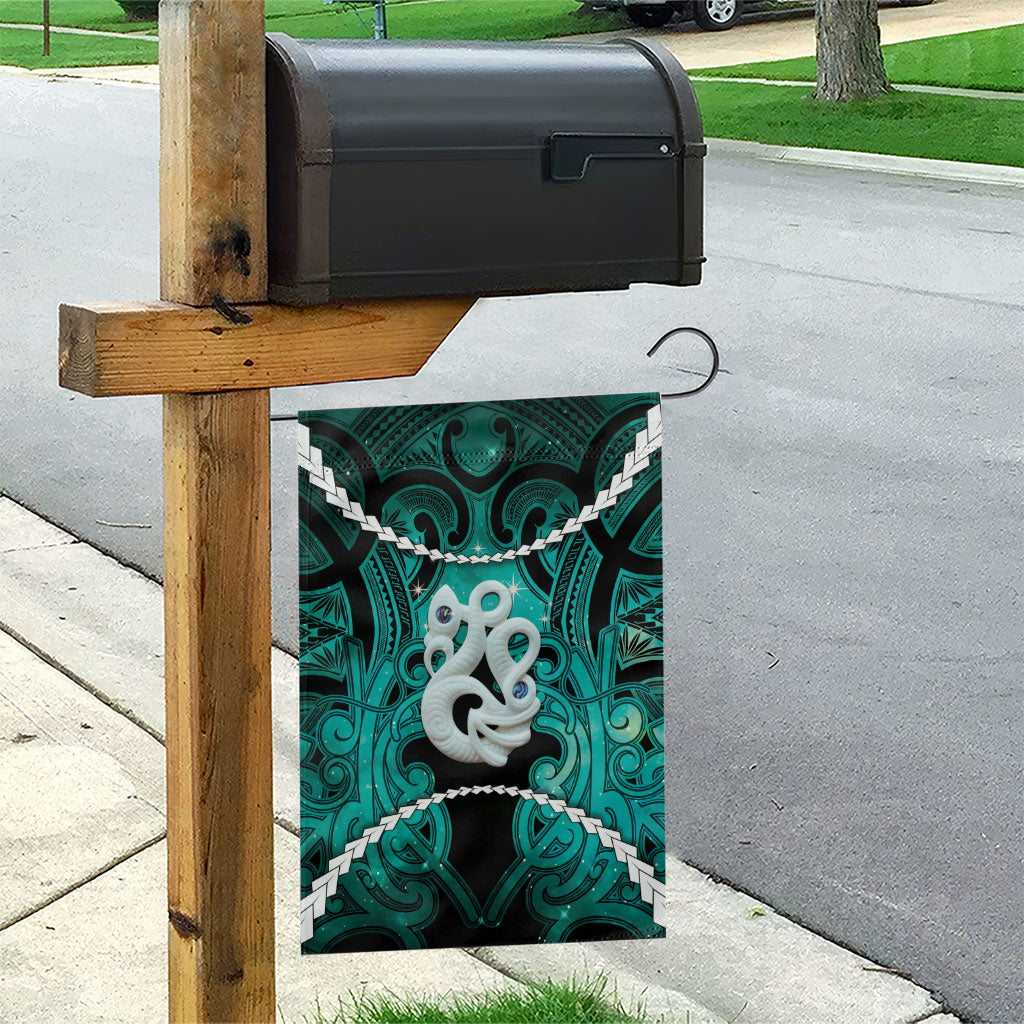 Maori Matariki Manaia Turquoise Garden Flag Maori Kowhaiwhai Pattern Galaxy