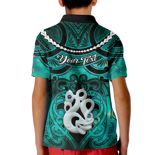 Personalised Maori Matariki Manaia Turquoise Kid Polo Shirt Maori Kowhaiwhai Pattern Galaxy