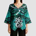 Personalised Maori Matariki Manaia Turquoise Kimono Sleeve Blouse Maori Kowhaiwhai Pattern Galaxy