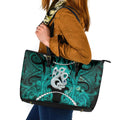 Maori Matariki Manaia Turquoise Leather Tote Bag Maori Kowhaiwhai Pattern Galaxy