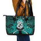 Maori Matariki Manaia Turquoise Leather Tote Bag Maori Kowhaiwhai Pattern Galaxy