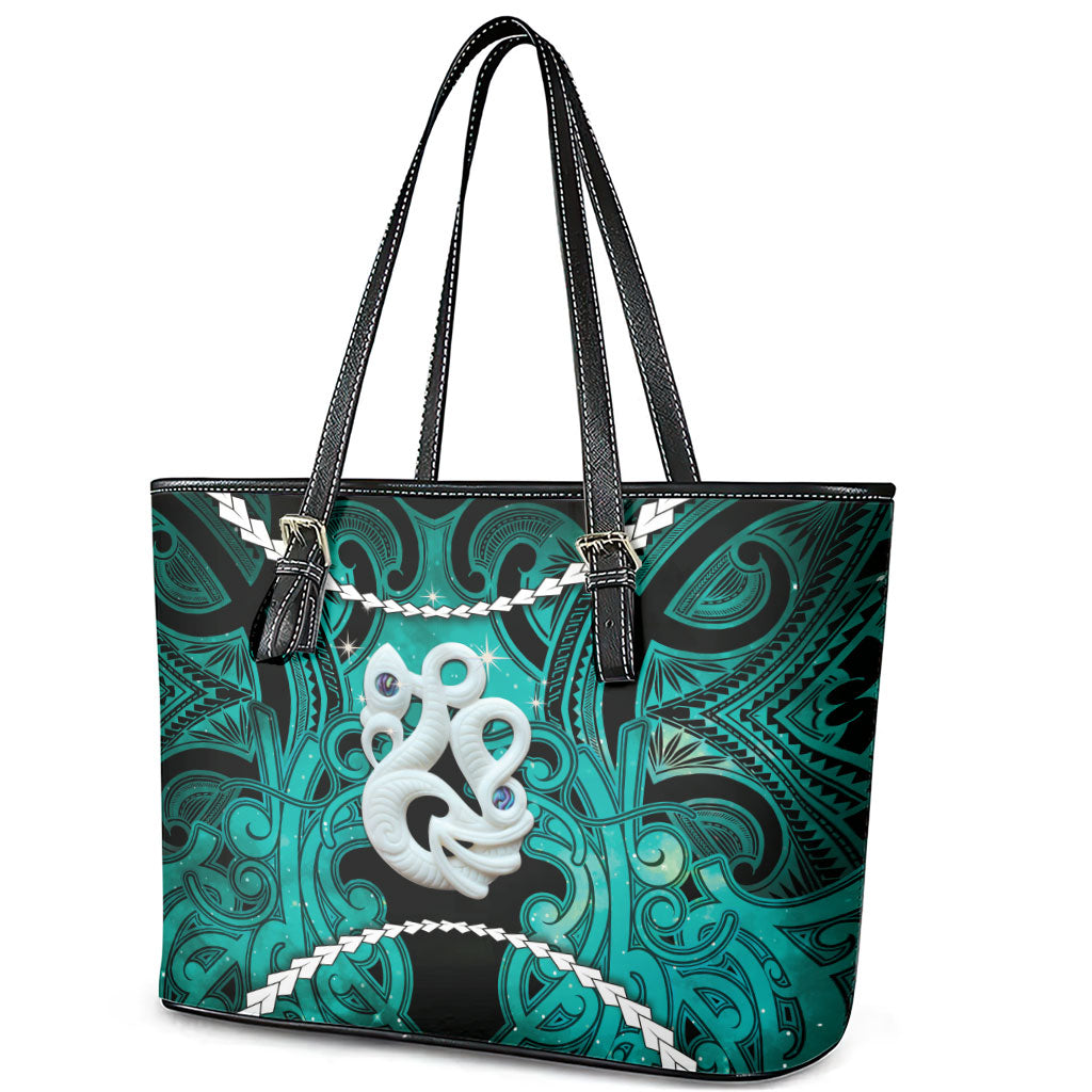 Maori Matariki Manaia Turquoise Leather Tote Bag Maori Kowhaiwhai Pattern Galaxy