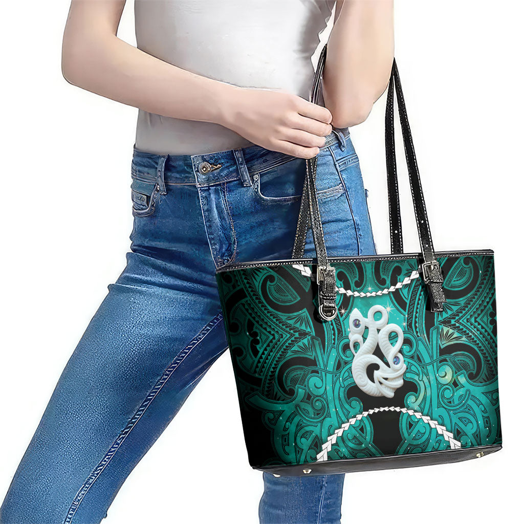 Maori Matariki Manaia Turquoise Leather Tote Bag Maori Kowhaiwhai Pattern Galaxy