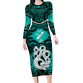 Personalised Maori Matariki Manaia Turquoise Long Sleeve Bodycon Dress Maori Kowhaiwhai Pattern Galaxy