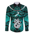 Personalised Maori Matariki Manaia Turquoise Long Sleeve Button Shirt Maori Kowhaiwhai Pattern Galaxy