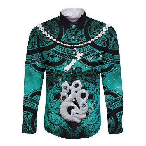 Personalised Maori Matariki Manaia Turquoise Long Sleeve Button Shirt Maori Kowhaiwhai Pattern Galaxy