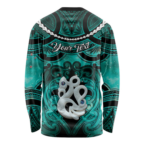 Personalised Maori Matariki Manaia Turquoise Long Sleeve Shirt Maori Kowhaiwhai Pattern Galaxy