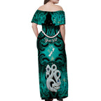 Personalised Maori Matariki Manaia Turquoise Off Shoulder Maxi Dress Maori Kowhaiwhai Pattern Galaxy