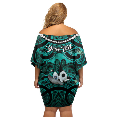 Personalised Maori Matariki Manaia Turquoise Off Shoulder Short Dress Maori Kowhaiwhai Pattern Galaxy