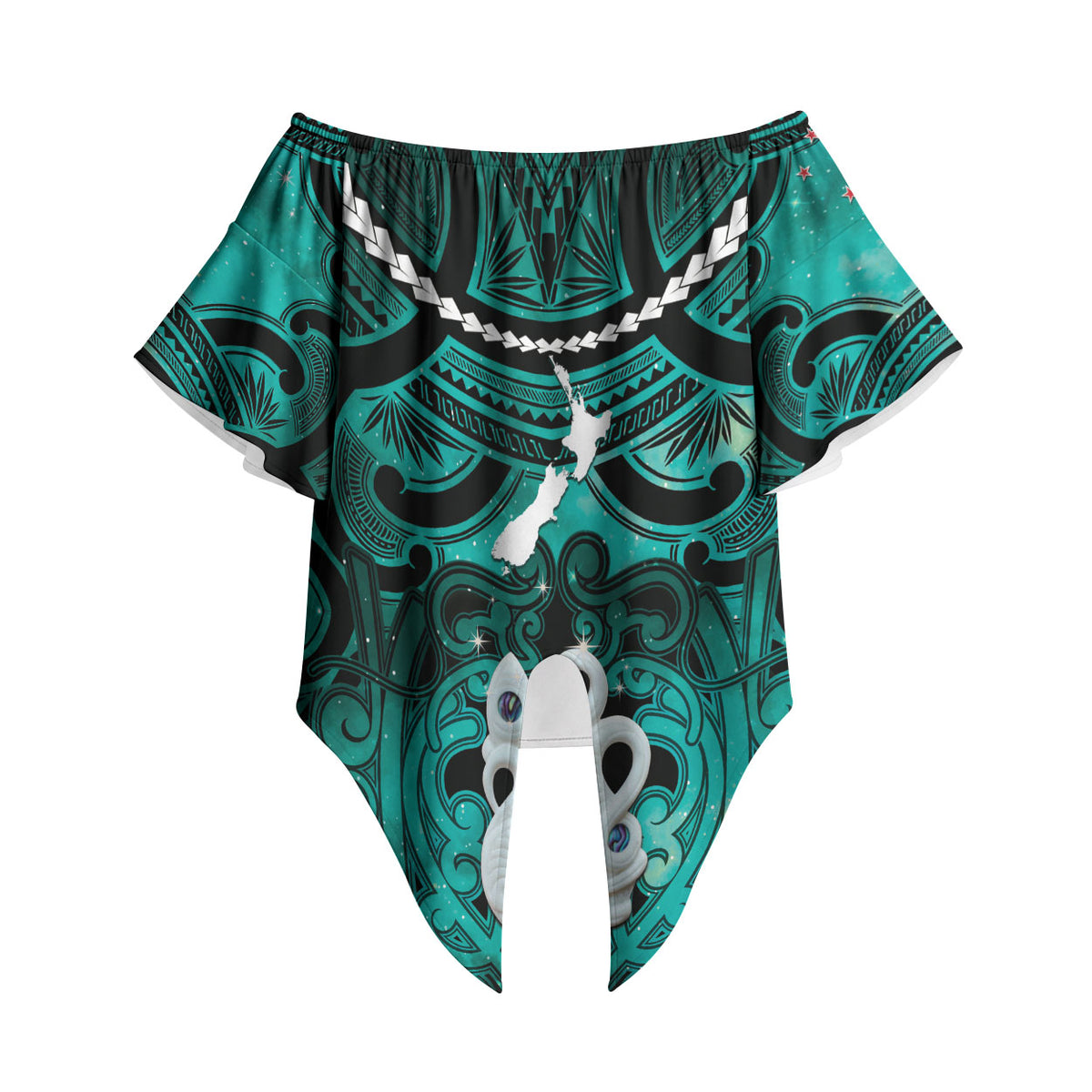 Personalised Maori Matariki Manaia Turquoise Off Shoulder Wrap Waist Top Maori Kowhaiwhai Pattern Galaxy