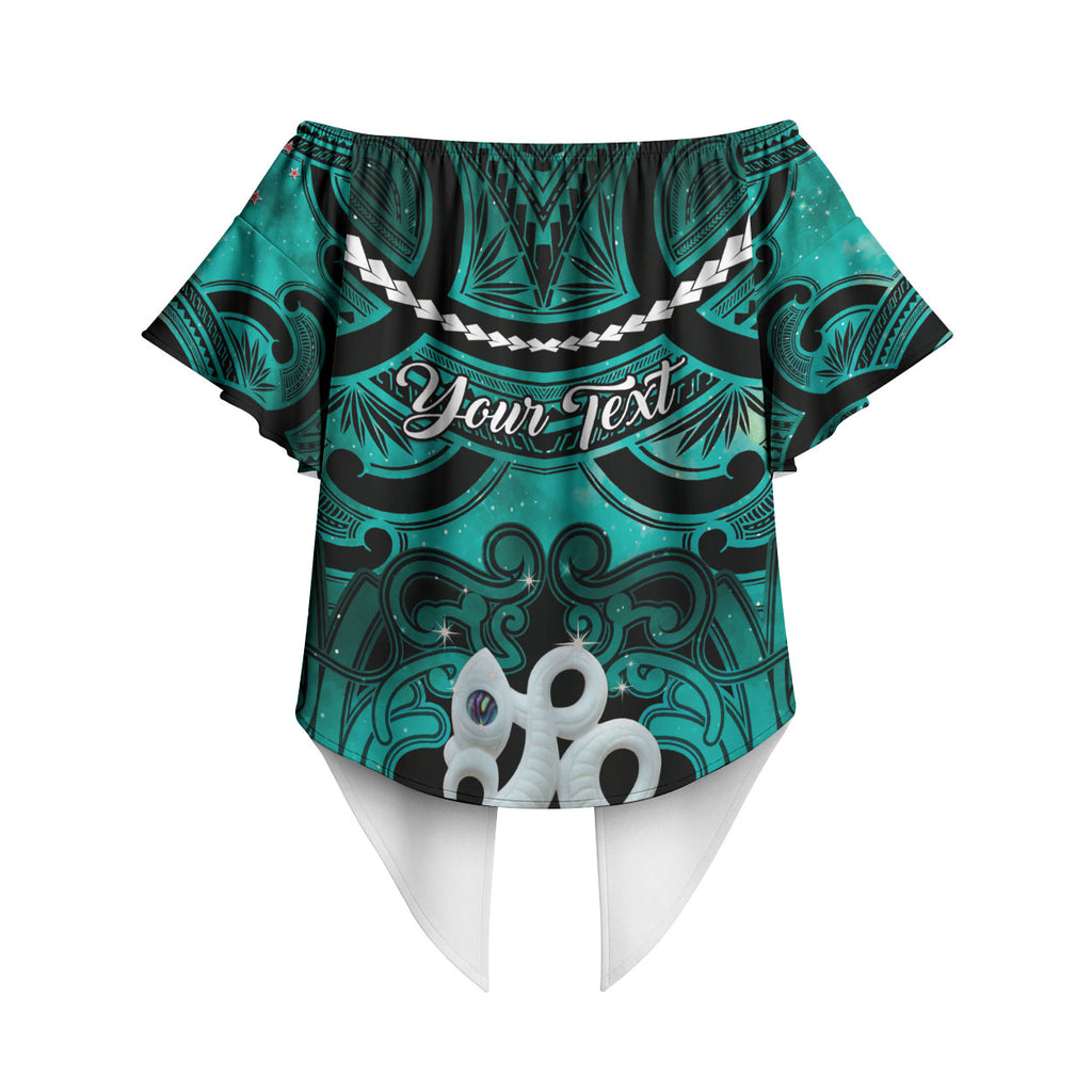 Personalised Maori Matariki Manaia Turquoise Off Shoulder Wrap Waist Top Maori Kowhaiwhai Pattern Galaxy