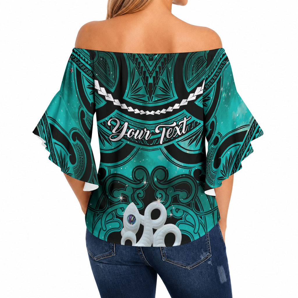 Personalised Maori Matariki Manaia Turquoise Off Shoulder Wrap Waist Top Maori Kowhaiwhai Pattern Galaxy