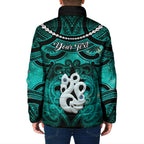 Personalised Maori Matariki Manaia Turquoise Padded Jacket Maori Kowhaiwhai Pattern Galaxy
