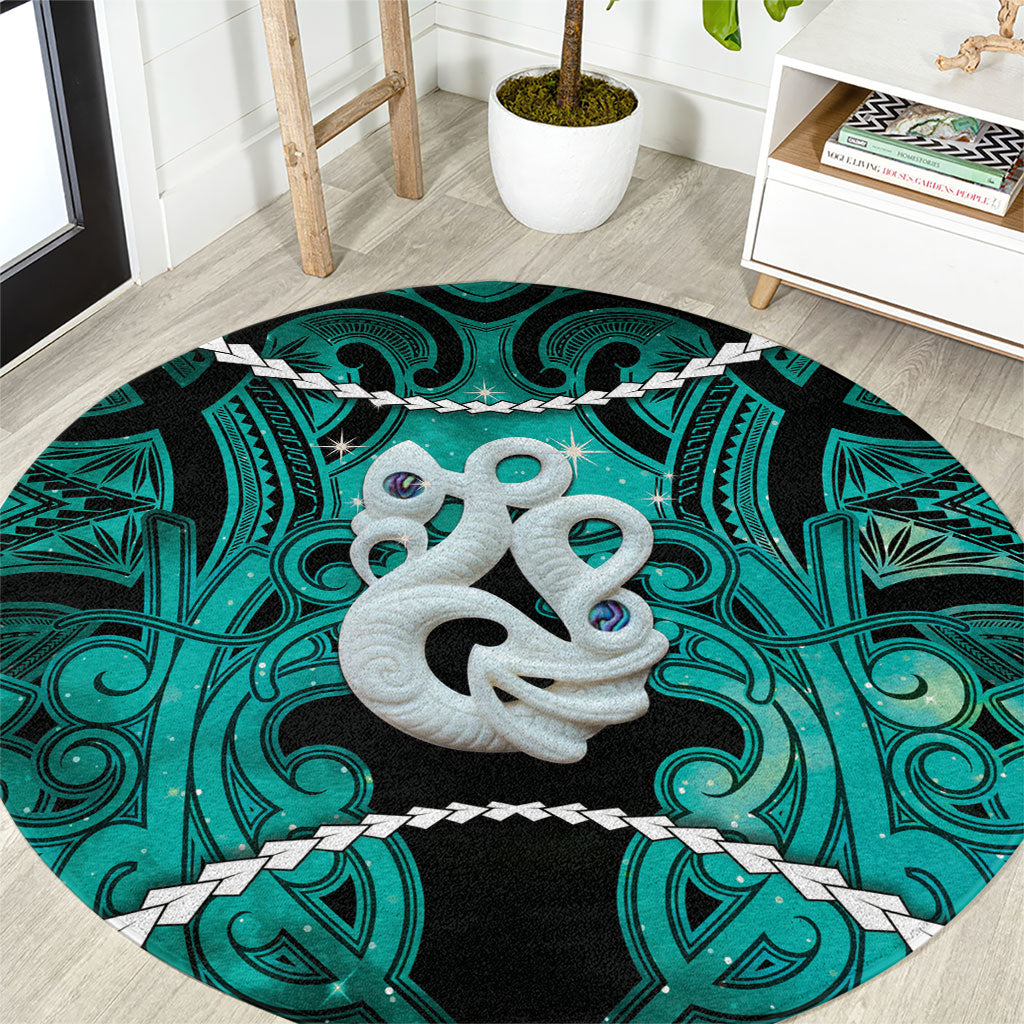 Maori Matariki Manaia Turquoise Round Carpet Maori Kowhaiwhai Pattern Galaxy
