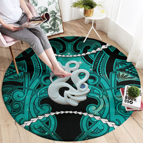 Maori Matariki Manaia Turquoise Round Carpet Maori Kowhaiwhai Pattern Galaxy