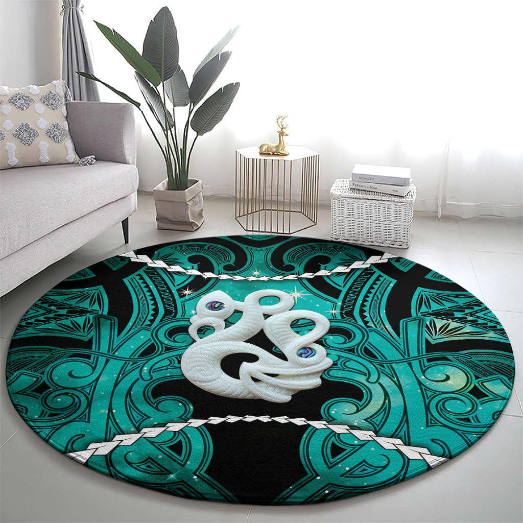 Maori Matariki Manaia Turquoise Round Carpet Maori Kowhaiwhai Pattern Galaxy