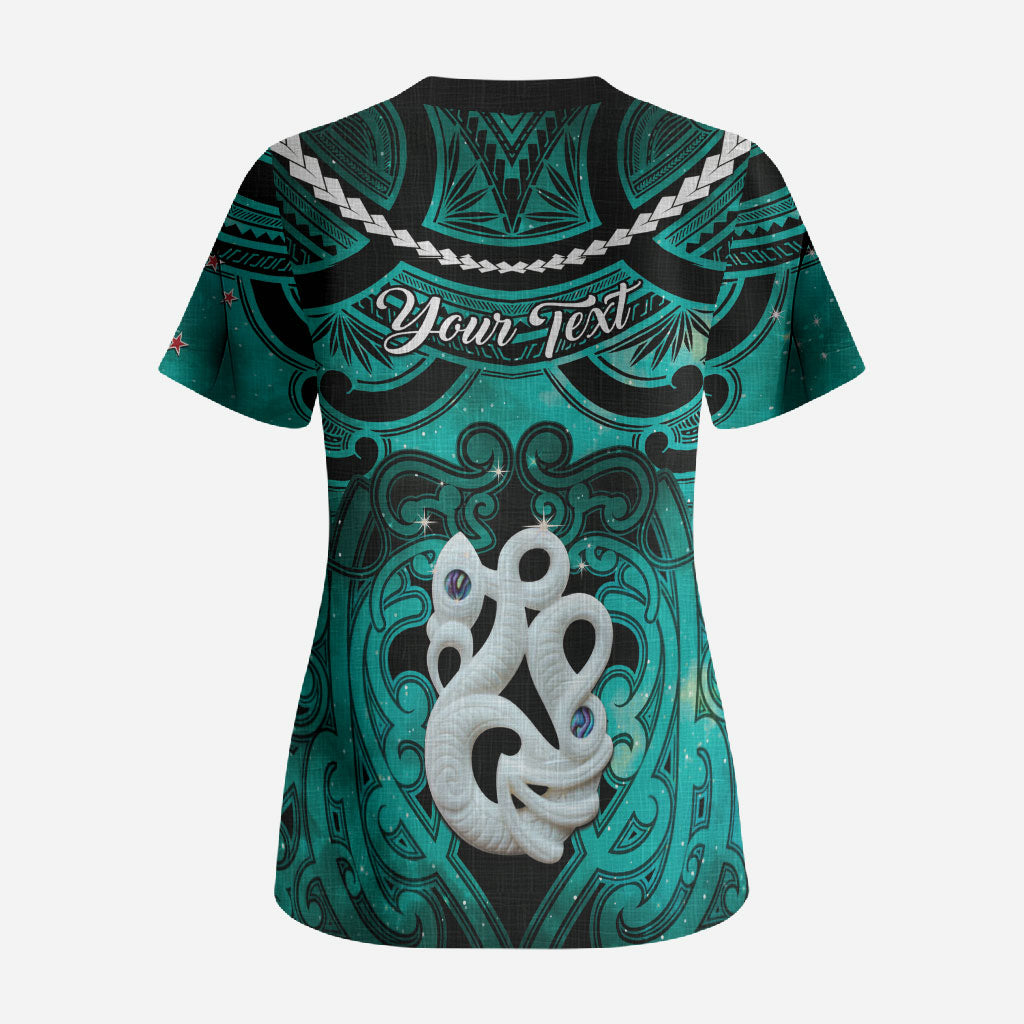 Personalised Maori Matariki Manaia Turquoise Scrub Top Maori Kowhaiwhai Pattern Galaxy