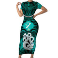 Personalised Maori Matariki Manaia Turquoise Short Sleeve Bodycon Dress Maori Kowhaiwhai Pattern Galaxy