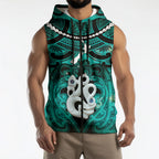 Personalised Maori Matariki Manaia Turquoise Sleeveless Zip Hoodie Maori Kowhaiwhai Pattern Galaxy