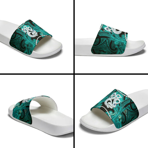 Maori Matariki Manaia Turquoise Slide Sandals Maori Kowhaiwhai Pattern Galaxy