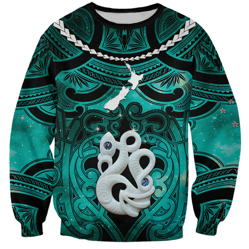 Personalised Maori Matariki Manaia Turquoise Sweatshirt Maori Kowhaiwhai Pattern Galaxy