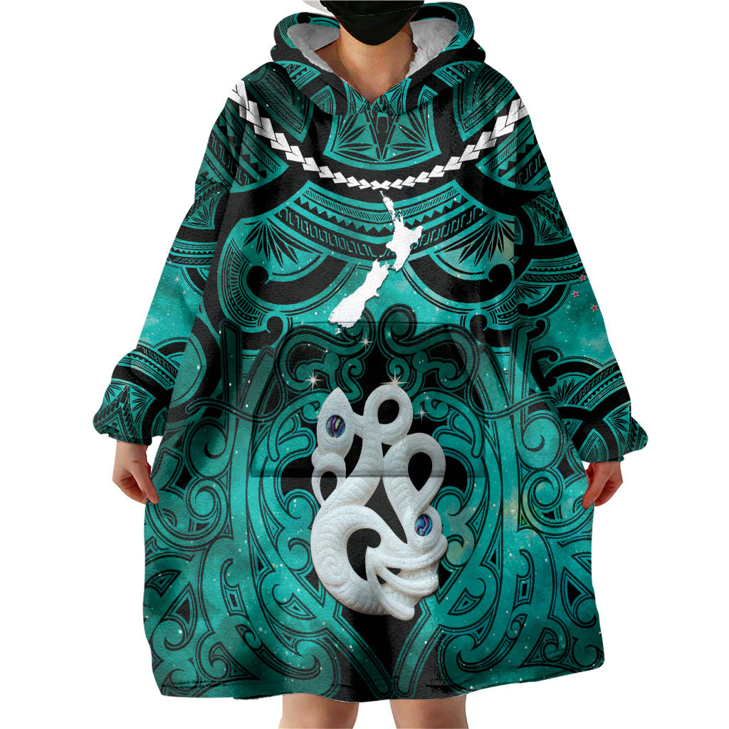Personalised Maori Matariki Manaia Turquoise Wearable Blanket Hoodie Maori Kowhaiwhai Pattern Galaxy