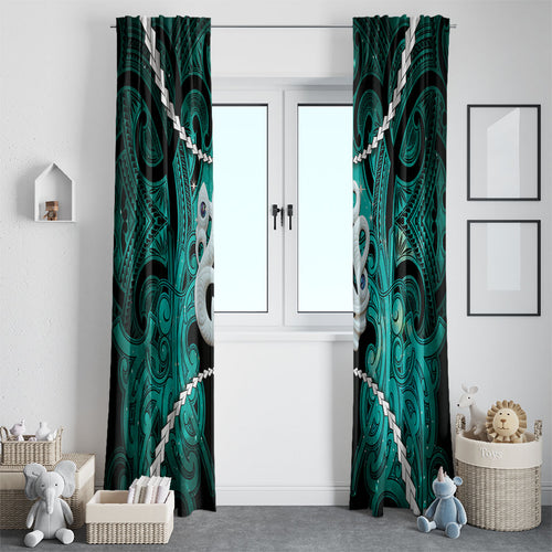 Maori Matariki Manaia Turquoise Window Curtain Maori Kowhaiwhai Pattern Galaxy