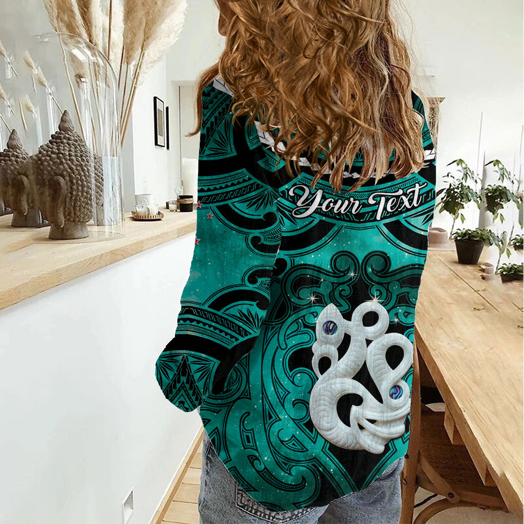 Personalised Maori Matariki Manaia Turquoise Women Casual Shirt Maori Kowhaiwhai Pattern Galaxy