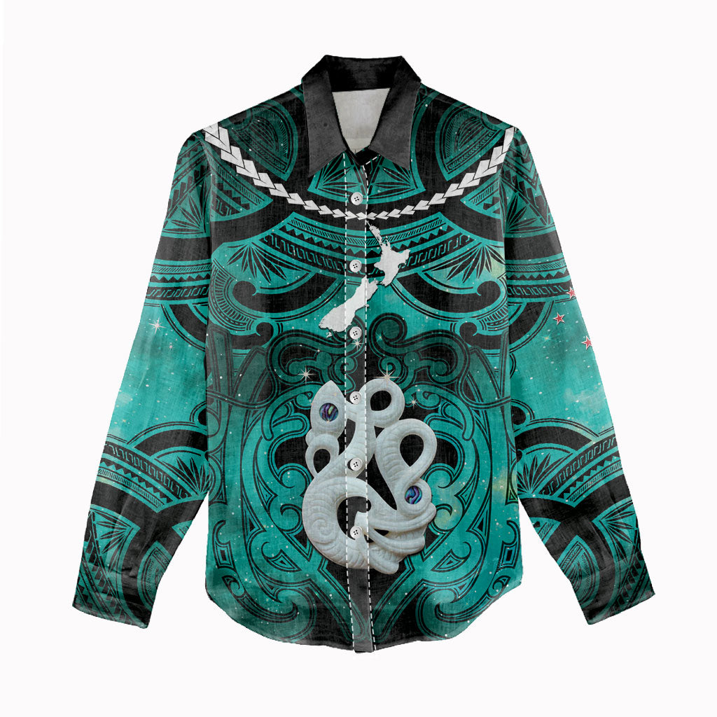 Personalised Maori Matariki Manaia Turquoise Women Casual Shirt Maori Kowhaiwhai Pattern Galaxy