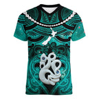 Personalised Maori Matariki Manaia Turquoise Women V-Neck T-Shirt Maori Kowhaiwhai Pattern Galaxy