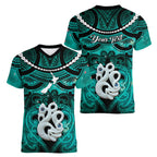 Personalised Maori Matariki Manaia Turquoise Women V-Neck T-Shirt Maori Kowhaiwhai Pattern Galaxy