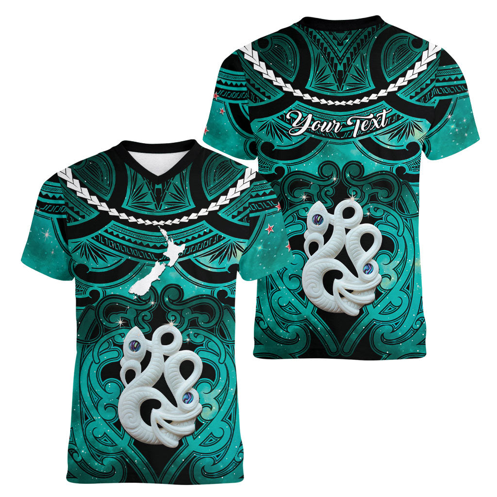Personalised Maori Matariki Manaia Turquoise Women V-Neck T-Shirt Maori Kowhaiwhai Pattern Galaxy