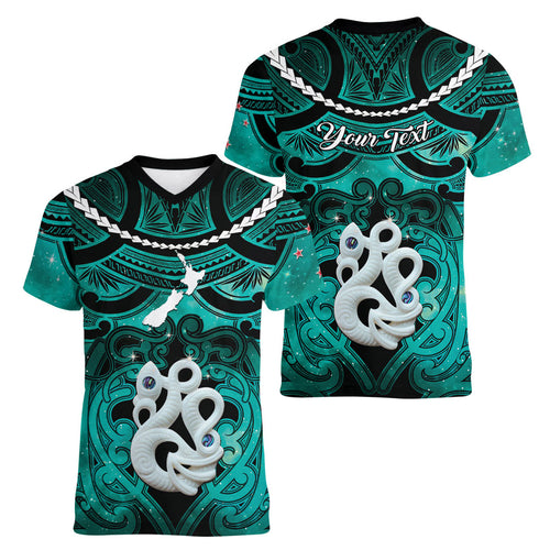 Personalised Maori Matariki Manaia Turquoise Women V-Neck T-Shirt Maori Kowhaiwhai Pattern Galaxy