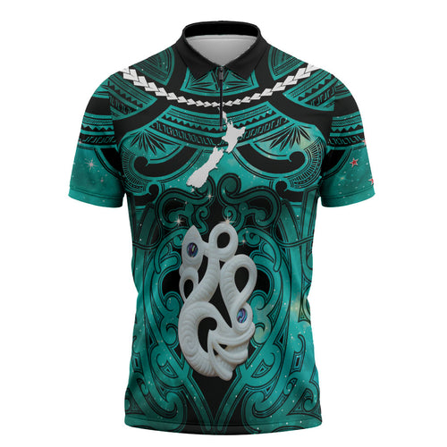 Personalised Maori Matariki Manaia Turquoise Zipper Polo Shirt Maori Kowhaiwhai Pattern Galaxy