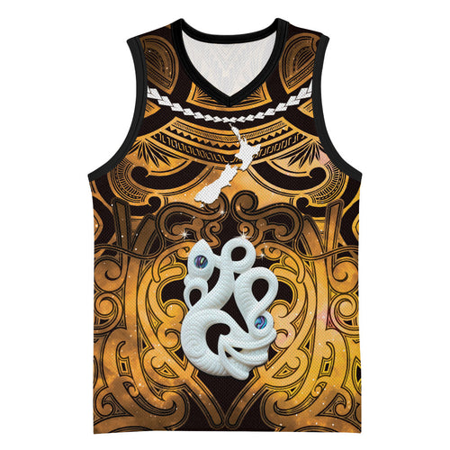 Personalised Maori Matariki Manaia Kowhai Basketball Jersey Maori Kowhaiwhai Pattern Galaxy