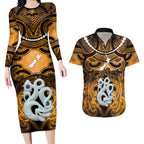 Personalised Maori Matariki Manaia Kowhai Couples Matching Long Sleeve Bodycon Dress and Hawaiian Shirt Maori Kowhaiwhai Pattern Galaxy