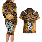 Personalised Maori Matariki Manaia Kowhai Couples Matching Long Sleeve Bodycon Dress and Hawaiian Shirt Maori Kowhaiwhai Pattern Galaxy