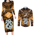 Personalised Maori Matariki Manaia Kowhai Couples Matching Long Sleeve Bodycon Dress and Long Sleeve Button Shirt Maori Kowhaiwhai Pattern Galaxy