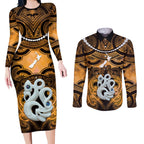 Personalised Maori Matariki Manaia Kowhai Couples Matching Long Sleeve Bodycon Dress and Long Sleeve Button Shirt Maori Kowhaiwhai Pattern Galaxy