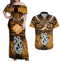 Personalised Maori Matariki Manaia Kowhai Couples Matching Off Shoulder Maxi Dress and Hawaiian Shirt Maori Kowhaiwhai Pattern Galaxy
