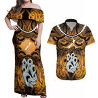 Personalised Maori Matariki Manaia Kowhai Couples Matching Off Shoulder Maxi Dress and Hawaiian Shirt Maori Kowhaiwhai Pattern Galaxy
