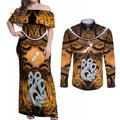Personalised Maori Matariki Manaia Kowhai Couples Matching Off Shoulder Maxi Dress and Long Sleeve Button Shirt Maori Kowhaiwhai Pattern Galaxy
