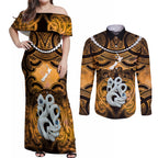 Personalised Maori Matariki Manaia Kowhai Couples Matching Off Shoulder Maxi Dress and Long Sleeve Button Shirt Maori Kowhaiwhai Pattern Galaxy
