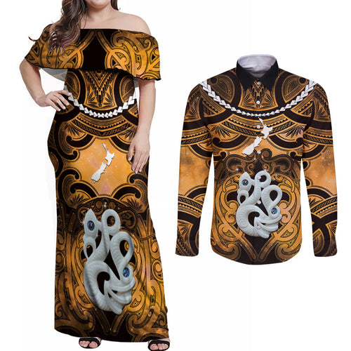 Personalised Maori Matariki Manaia Kowhai Couples Matching Off Shoulder Maxi Dress and Long Sleeve Button Shirt Maori Kowhaiwhai Pattern Galaxy