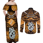 Personalised Maori Matariki Manaia Kowhai Couples Matching Off Shoulder Maxi Dress and Long Sleeve Button Shirt Maori Kowhaiwhai Pattern Galaxy