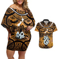 Personalised Maori Matariki Manaia Kowhai Couples Matching Off Shoulder Short Dress and Hawaiian Shirt Maori Kowhaiwhai Pattern Galaxy