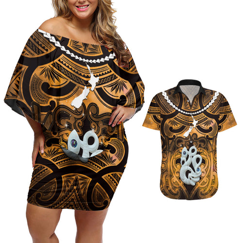 Personalised Maori Matariki Manaia Kowhai Couples Matching Off Shoulder Short Dress and Hawaiian Shirt Maori Kowhaiwhai Pattern Galaxy